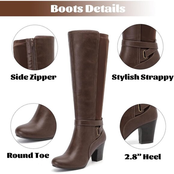 Women's Brown Knee High Slouchy Chunky Heel Toe Comfortable Long Boots - Picture 3 of 6